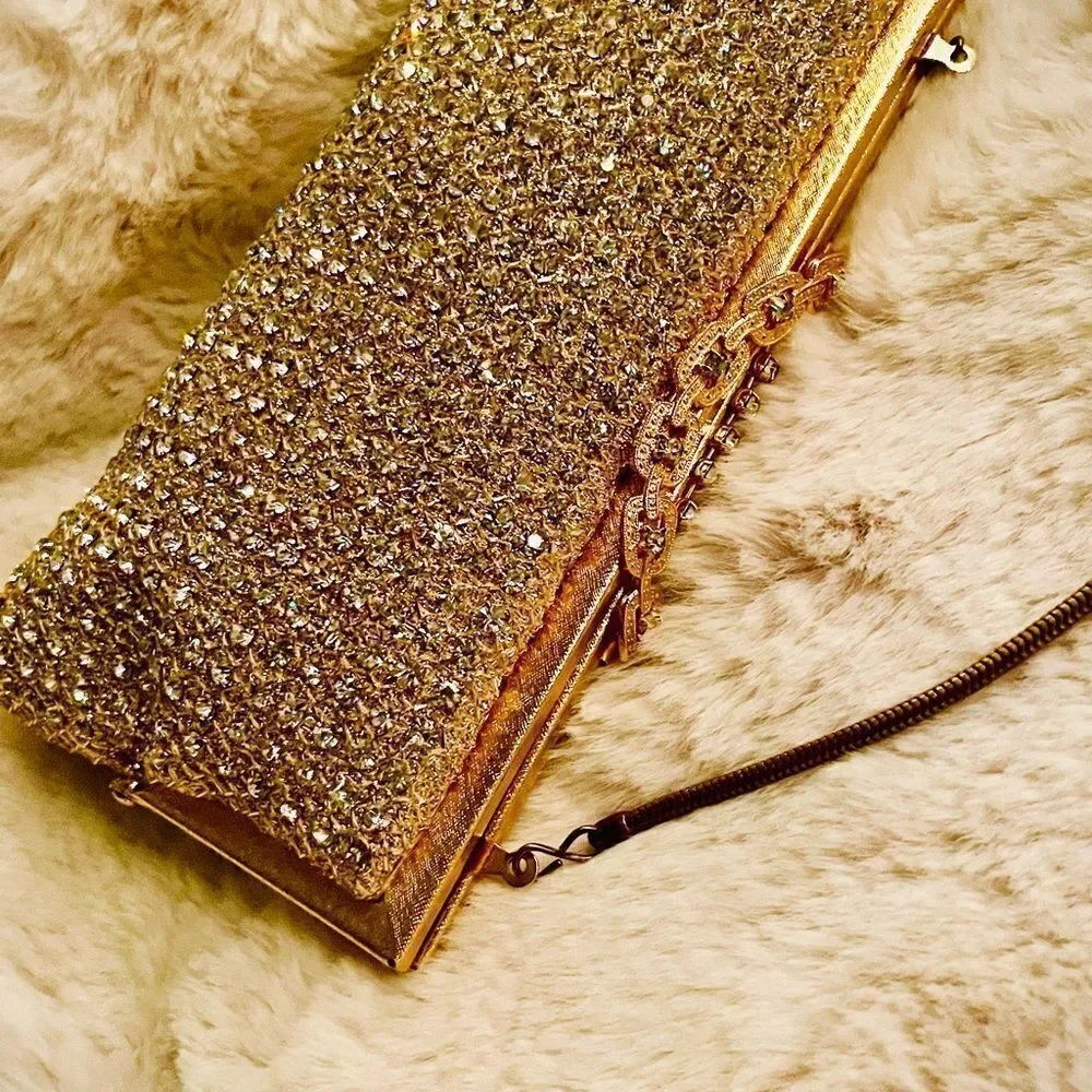 ♥️ Vintage Rhinestone Gold Women's Clutch Purse 60s Hong Kong